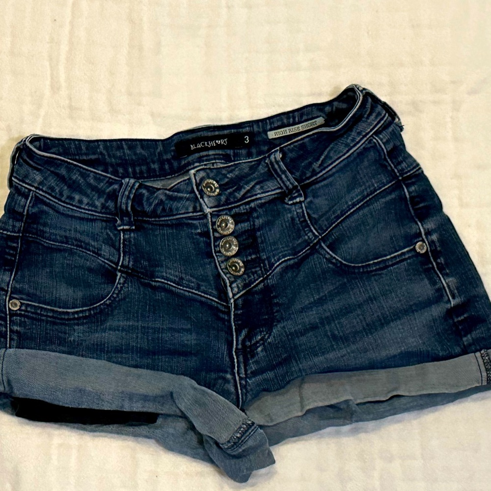 Dark Indigo Cuffed Jean Shorts with Worn Look
